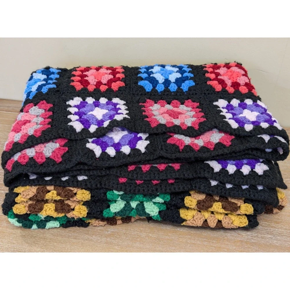 VTG Granny Square Roseanne Afghan Crochet Multicolor Blanket Throw Colorful READ